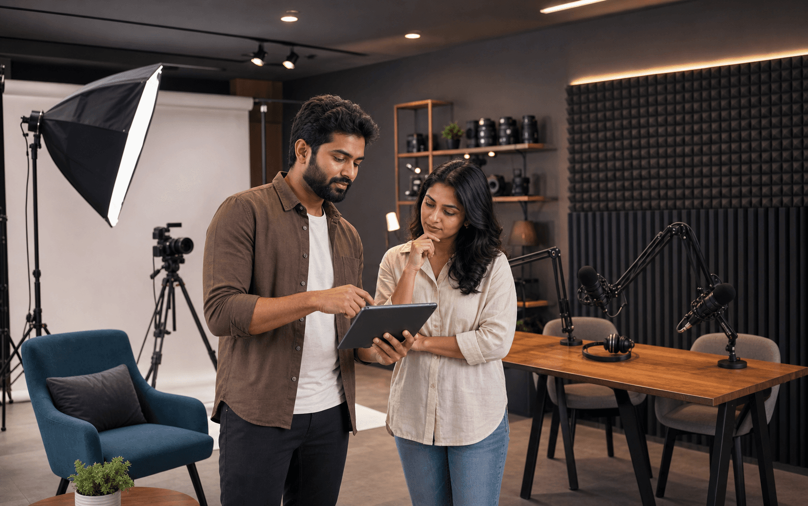 Creative team working in a reserved photography and podcast studio