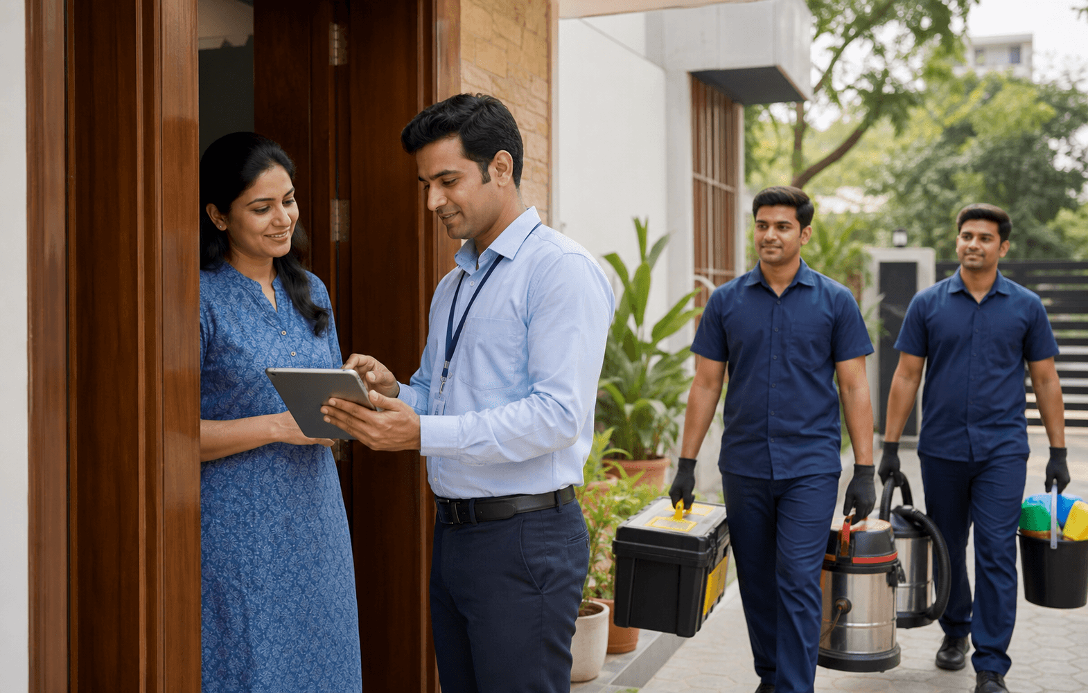 Home-service professional arriving for a scheduled customer appointment
