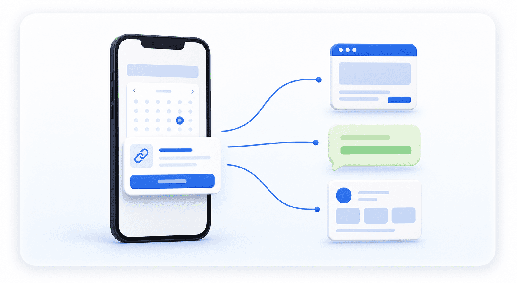 One booking link shared to a website, chat, and social profile