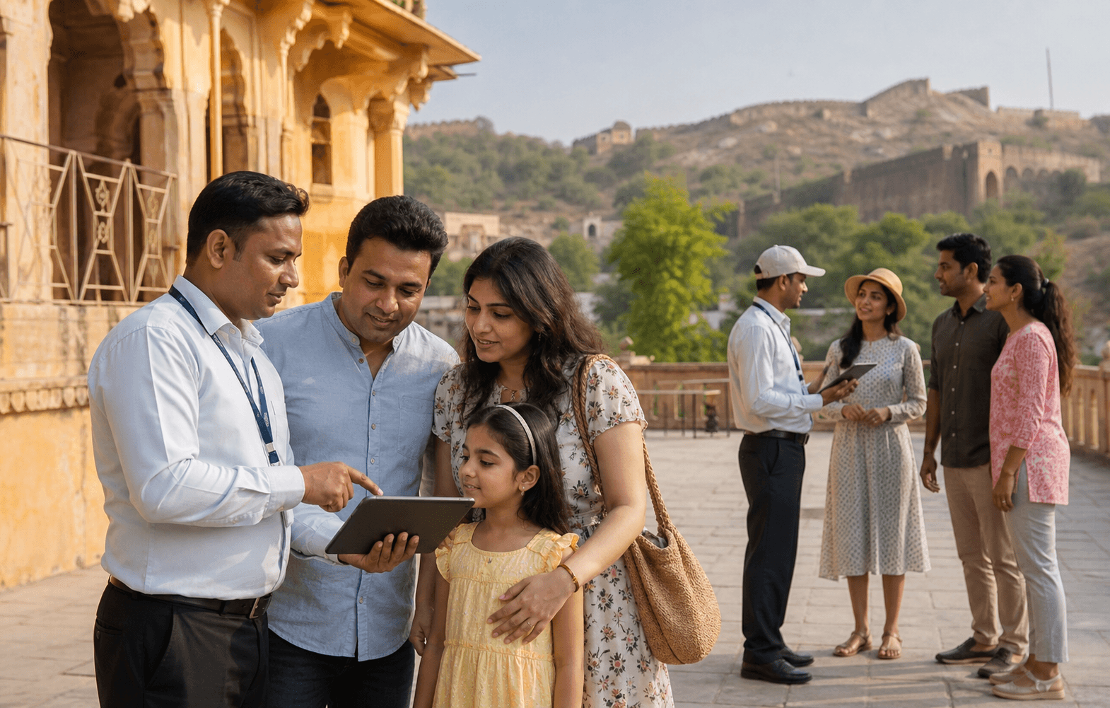 Tour guide welcoming customers for a scheduled group experience
