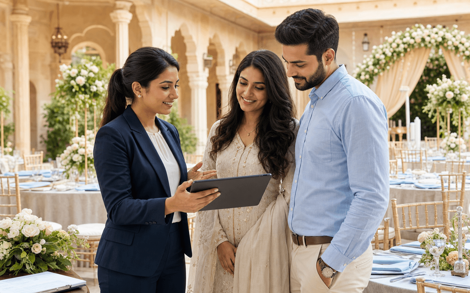 Wedding event planner reviewing an available event date with clients