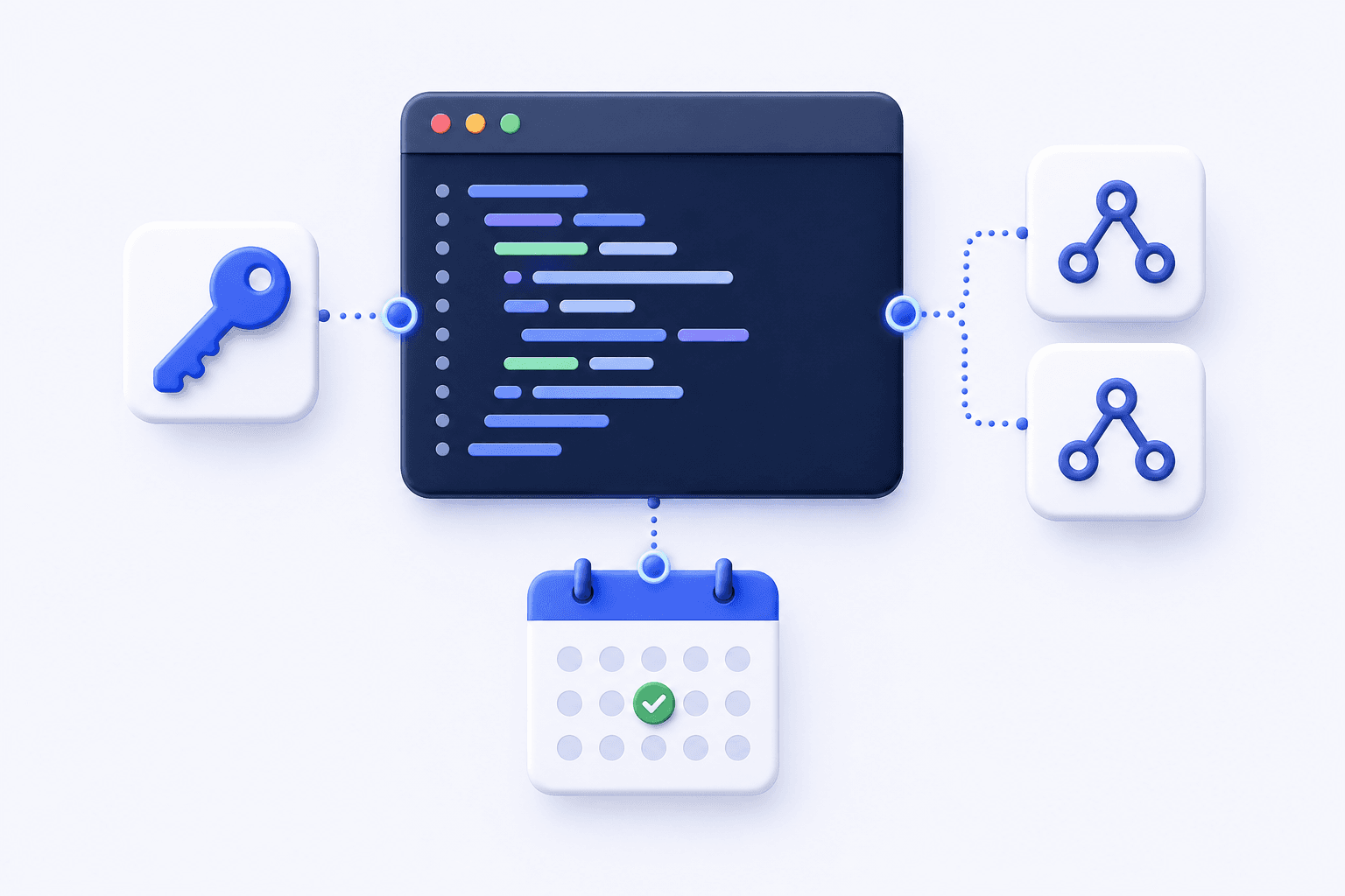 Developer code connected to an API key, webhooks, and a booking calendar
